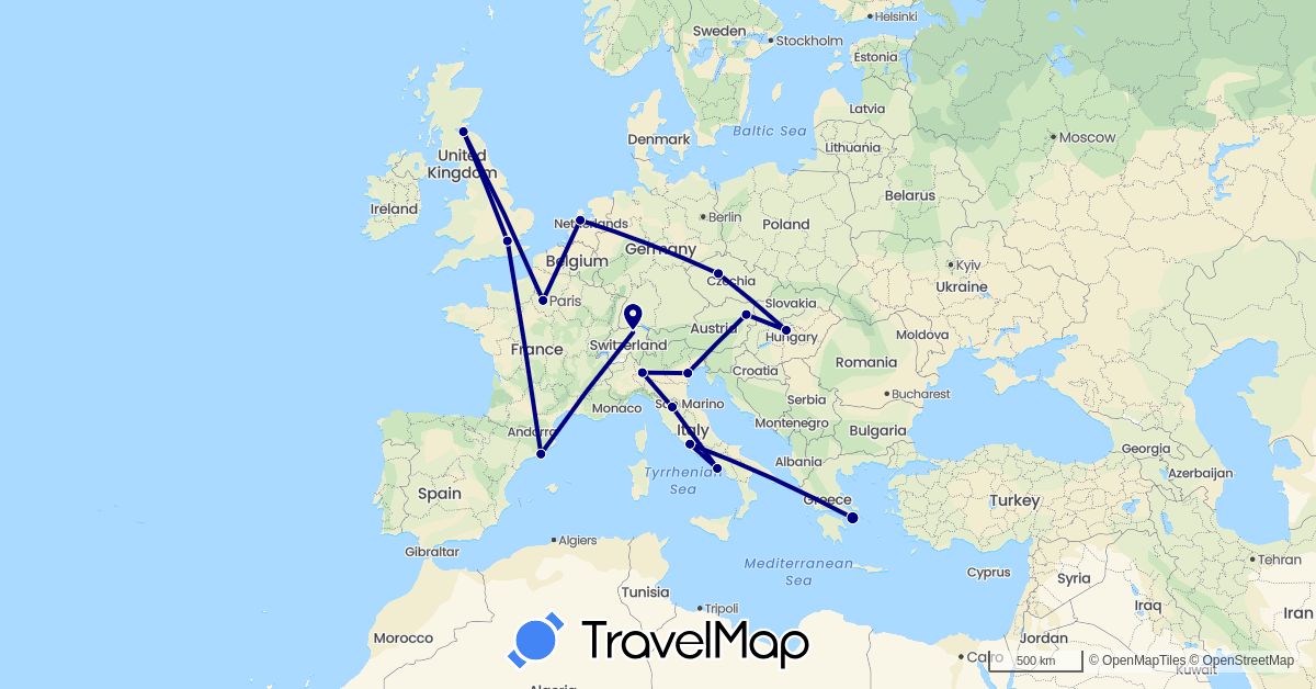 TravelMap itinerary: driving in Austria, Switzerland, Czech Republic, Spain, France, United Kingdom, Greece, Hungary, Italy, Netherlands (Europe)